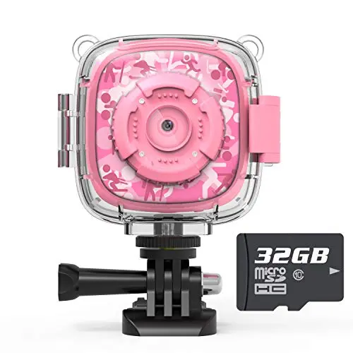 Pink AKAMATE kids waterproof camera with neck strap and carry bag