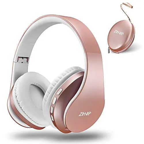 ZIHNIC Rose Gold over-ear headphones in a pink protective case