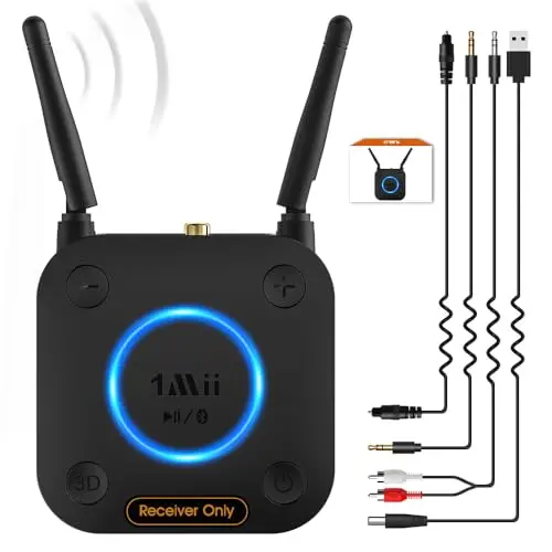 1Mii B06Pro Long Range Bluetooth Receiver with dual antennas on a wooden table