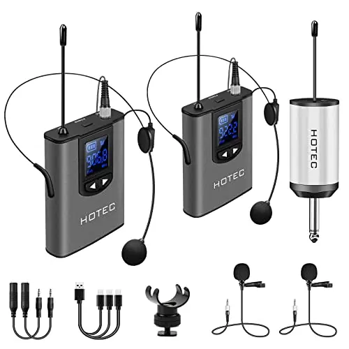 Hotec wireless lavalier microphone system with dual bodypack transmitters, headset, and lapel mics.