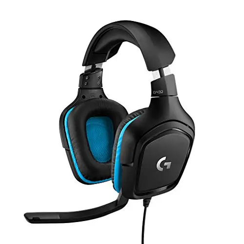 Logitech G432 wired gaming headset in black and blue with leatherette ear pads.