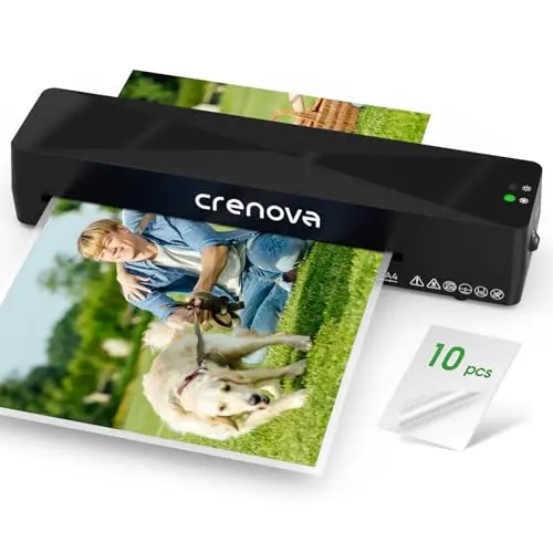 Black Crenova A4 laminator machine with sheets, compact on a table.