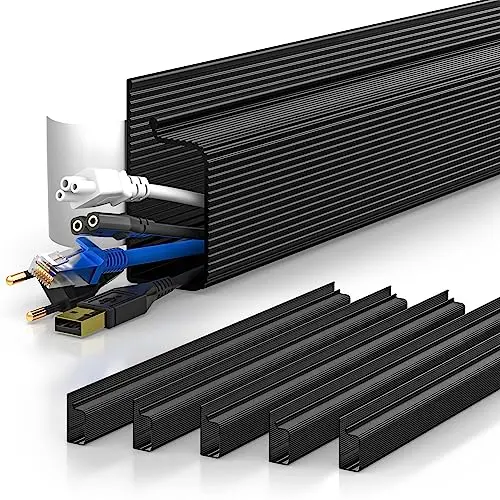 Black YECAYE adhesive J-channel cable raceways mounted under a desk
