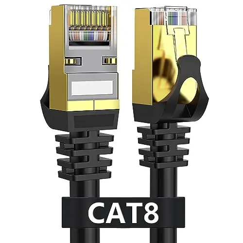 Dacrown long, black, round Cat 8 Ethernet cable coiled on the floor.