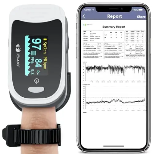 EMAY EMO-80 grey fingertip pulse oximeter with a rotating display