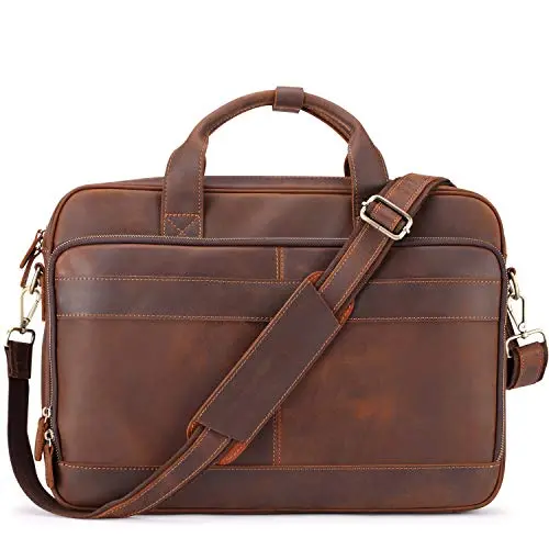 Jack&Chris brown cowhide grain leather briefcase for men with a front zippered pocket.