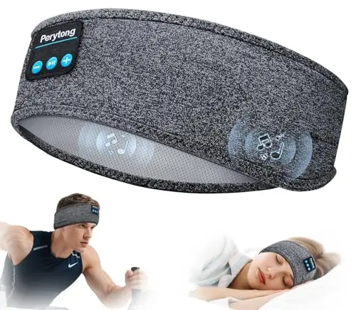 Perytong grey Bluetooth sleep headband headphones, showing the soft fabric and central control module.