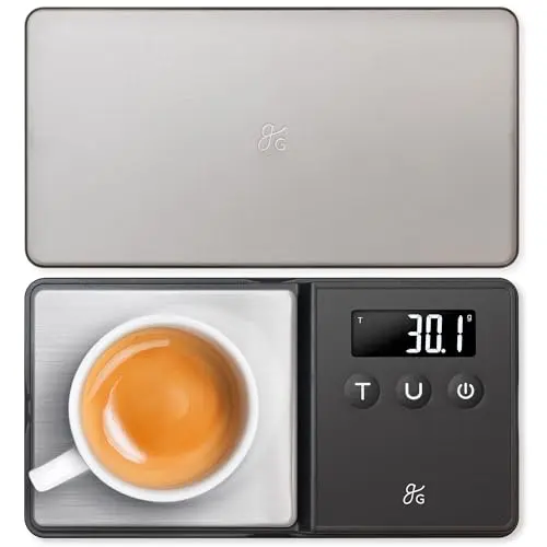 Greater Goods basic black digital scale with a flipped lid used as a tray.