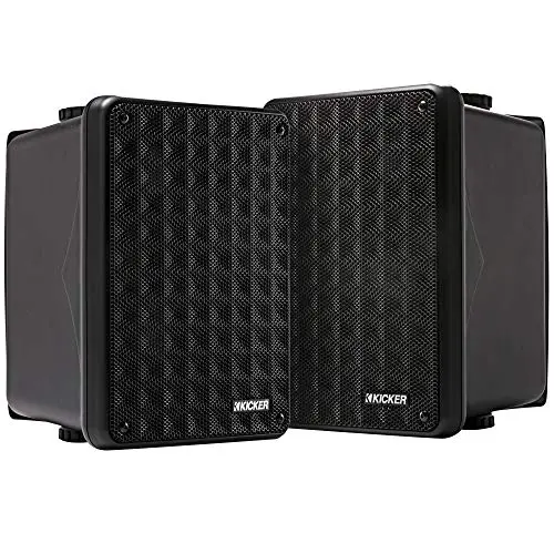 KICKER KB6B black outdoor speakers mounted on wall