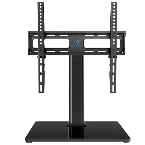 PERLESMITH black swivel TV stand with tempered glass base holding a 50-inch TV