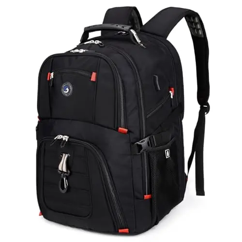 SHRRADOO extra large 50L travel backpack with multiple zippers and compartments open