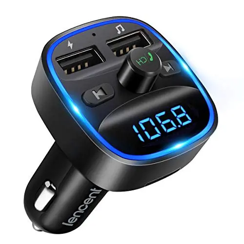 Classic LENCENT T25 FM transmitter with blue ring light, plugged into a car's 12V socket.