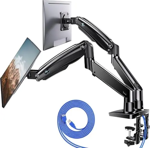 HUANUO HNDS7 dual monitor arm with USB ports, extended to full height.