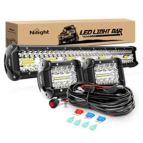 Nilight 20-inch triple row LED light bar with two cube LED pods and wiring harness mounted on a truck.