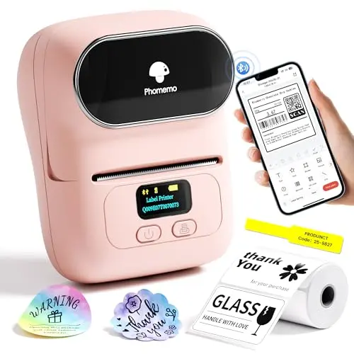 Phomemo M110 mini pink thermal label printer next to a mylar bag with a label