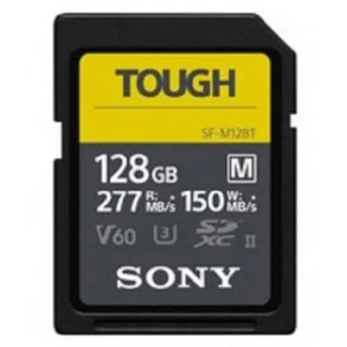 Sony TOUGH-M Series 128GB UHS-II SD card on a black background