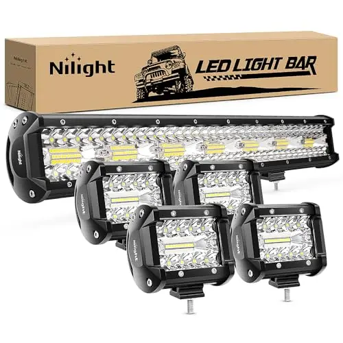 Nilight 20-inch triple row LED light bar with four accompanying cube LED pods.