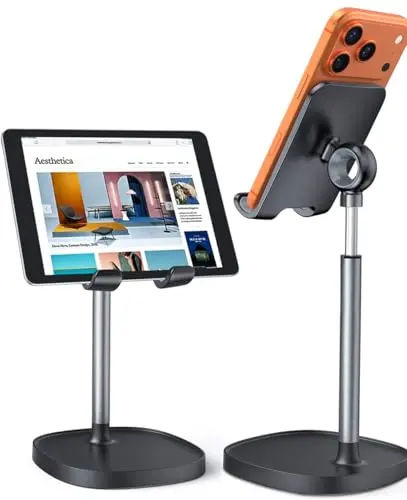LISEN tall black phone stand with height adjustment on a desk