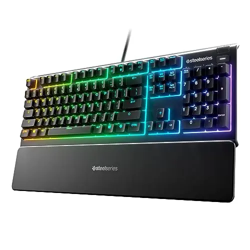 SteelSeries Apex 3 RGB gaming keyboard with magnetic wrist rest.