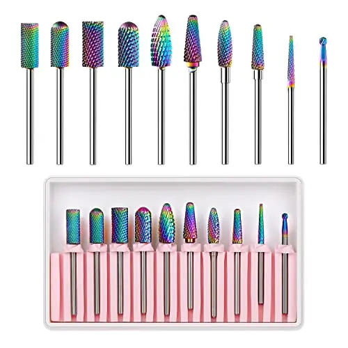 Makartt 10-piece rainbow-colored tungsten carbide and diamond nail drill bit set