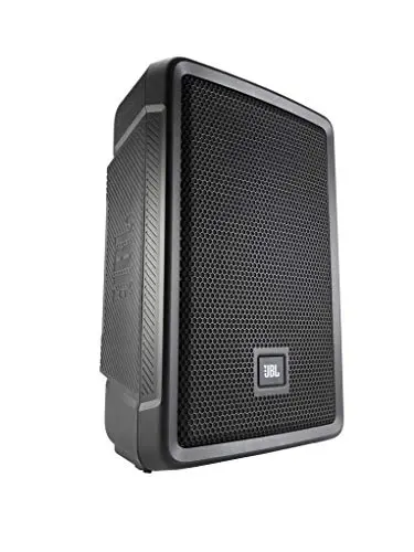 JBL IRX108BT portable powered PA speaker on a stand