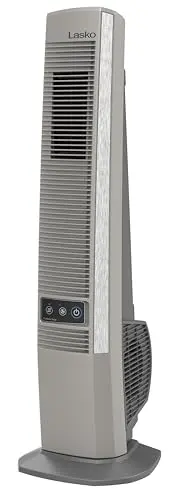 Lasko beige outdoor oscillating tower fan on a wooden deck