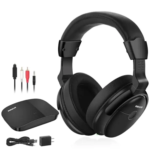 SIMOLIO black over-ear wireless RF TV headphones with charging base