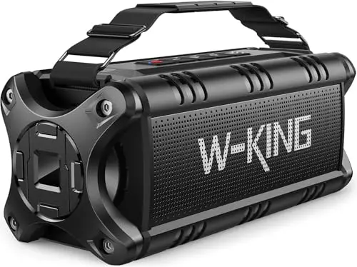 W-KING D8 large portable Bluetooth speaker in black, showing its handle and rugged, boombox-style design.
