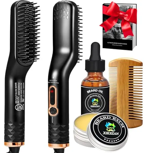 XIKEZAN beard straightener kit with beard oil, balm, comb, and travel case