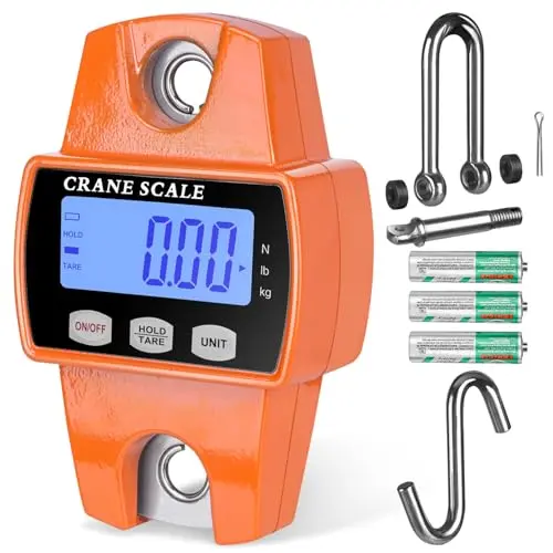 RoMech orange handheld digital hanging scale with cast aluminum case.
