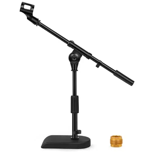 InnoGear black adjustable desk microphone stand with a heavy weighted round base