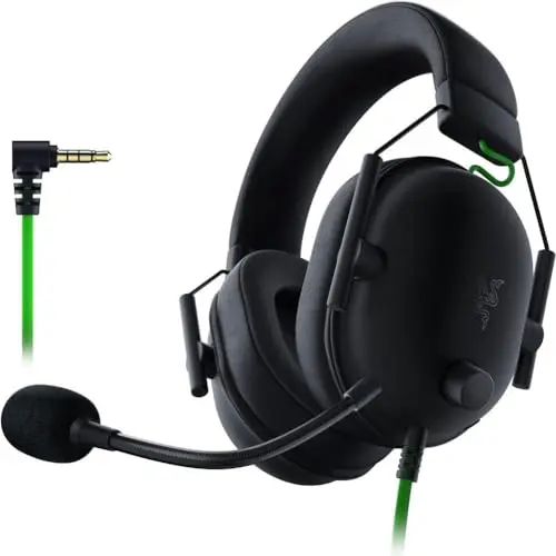 Razer BlackShark V2 X wired gaming headset in black with green accents and a flexible microphone.