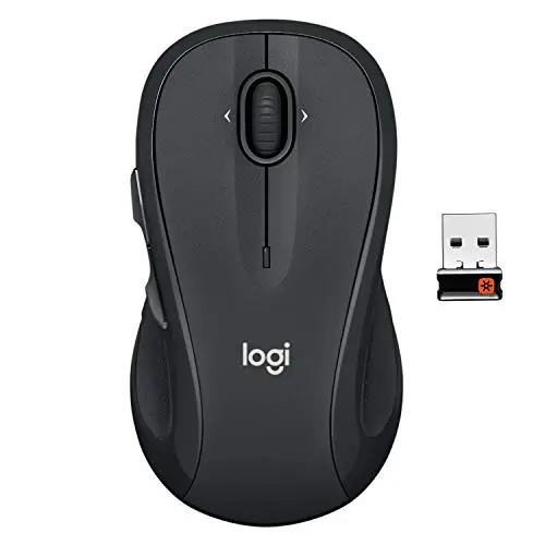 Logitech M510 wireless mouse in graphite, highlighting its curved ergonomic shape and side buttons.