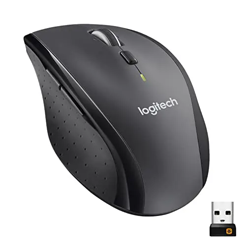 Logitech M705 Marathon wireless mouse in black, showing contoured right-hand shape and thumb buttons.