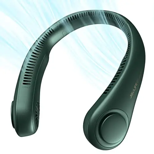 JISULIFE bladeless neck fan in dark green, shaped like headphones