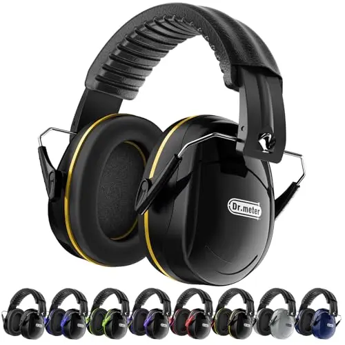 Dr.meter black and yellow noise cancelling headphones folded into a compact size.