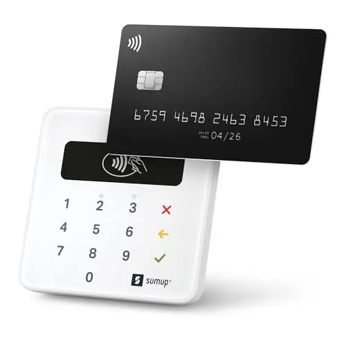 SumUp Plus white Bluetooth card reader on a colorful fabric background