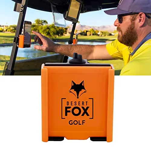 DESERT FOX GOLF orange adjustable phone caddy with Velcro strap on a golf cart