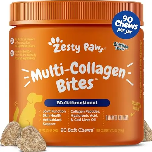 Zesty Paws Multi Collagen Soft Chews for Dogs in a white jar