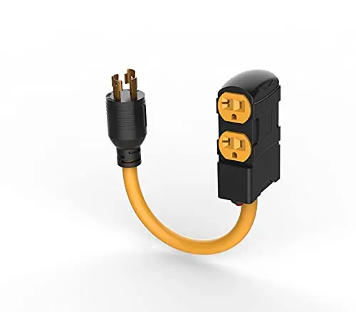 Yodotek heavy-duty orange generator extension cord with built-in surge protector breaker and four outlets.