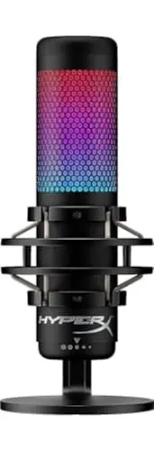 HyperX QuadCast S USB condenser microphone with dynamic RGB lighting on a stand