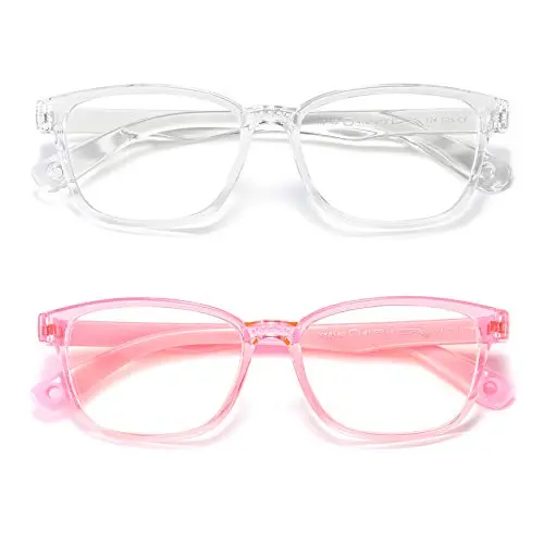 AHXLL 2-pack kids blue light glasses in clear and transparent pink