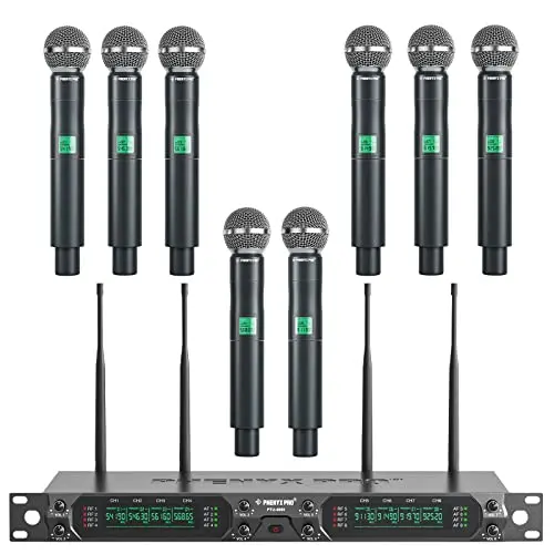 Phenyx Pro PTU-4000-8H 8-channel rackmount wireless microphone receiver with eight handheld microphones.