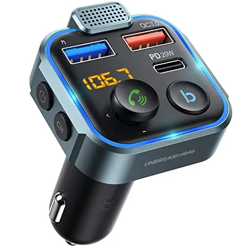 UNBREAKcable FM transmitter featuring a unique analog joystick for control, with blue ambient lighting.