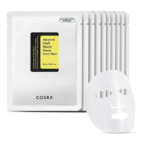 COSRX Snail Mucin sheet mask packaging, 10-pack for dry and sensitive skin