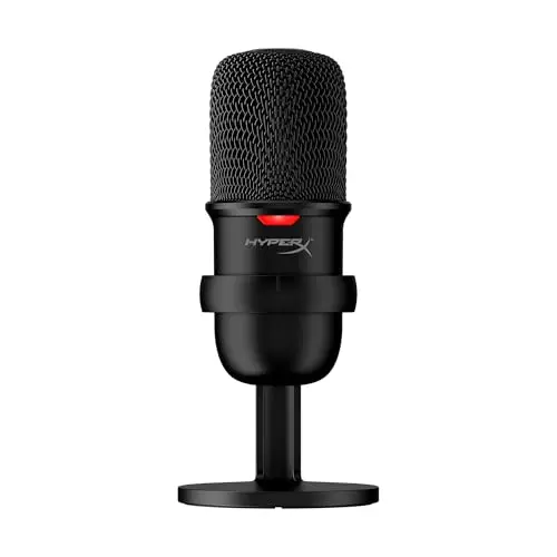 HyperX SoloCast black condenser microphone on a small adjustable stand