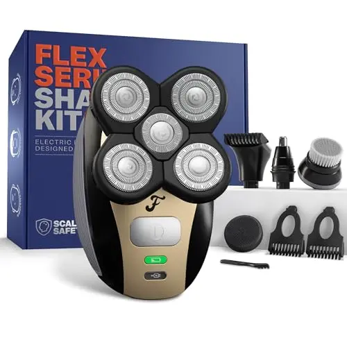 Freebird FlexSeries electric shaver kit with multiple attachments on a black background
