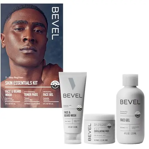 Bevel Facial Skin Care Set for Men showing face wash, exfoliating pads, and moisturizer