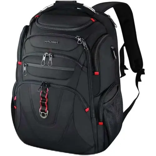 KROSER black ballistic nylon backpack with RFID pocket and luggage strap visible
