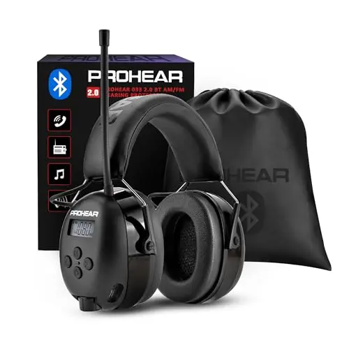 PROHEAR 033 black Bluetooth hearing protector with LCD display showing radio frequency